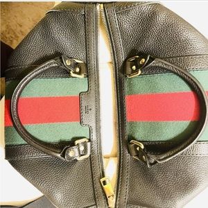 Authentic Gucci Boston Bag soft leather with Web classic green and red stripe.